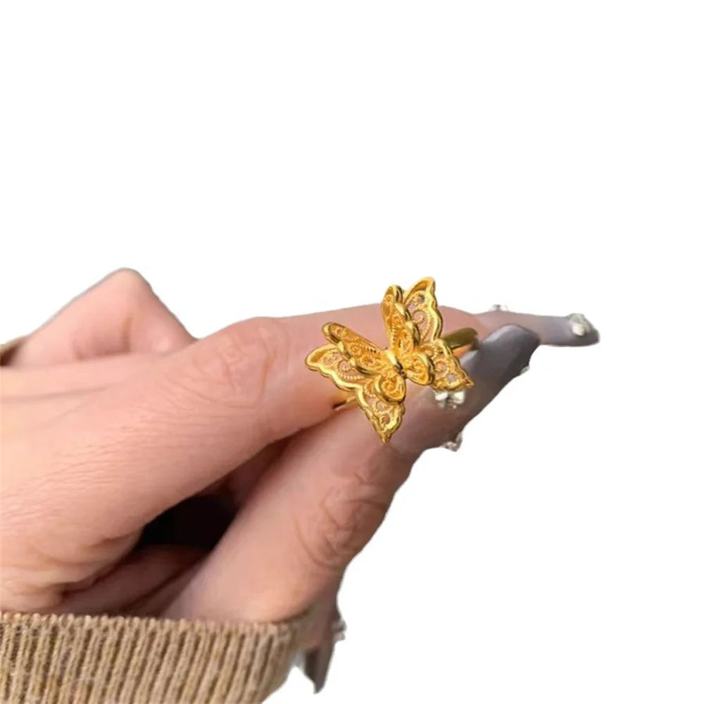 Ancient Golden Hollow Butterfly Open Ring Fashionable Elegant Design Trendy Luxury Ins Advanced Versatile Ring Wholesale Qme