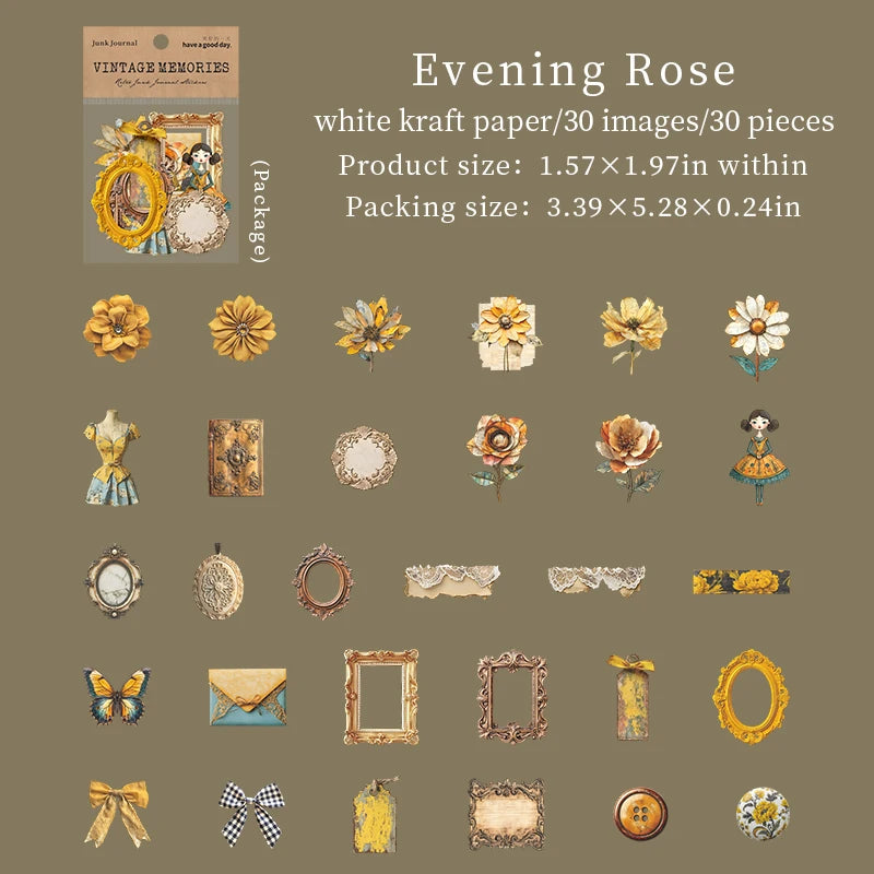 30 Sheets/Bag Vintage Floral Theme Stickers for Scrapbooking DIY Collage Material Phone Case Frame Computer Decoration Qme 1