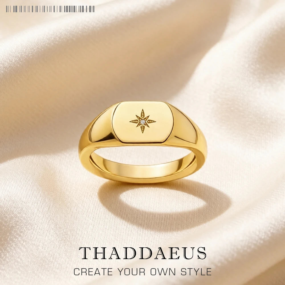 Signet Ring Vintage Star Gold Europe Style Nostalgic Fine Jewelry For Women Summer Brand New Pure 925 Sterling Silver Gift Qme 9