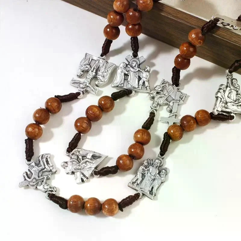 Retro Religion Belief Catholic Cross St. Benedict Black Gallstone Prayer Rosary Pendant Necklace Jewelry Gift Qme