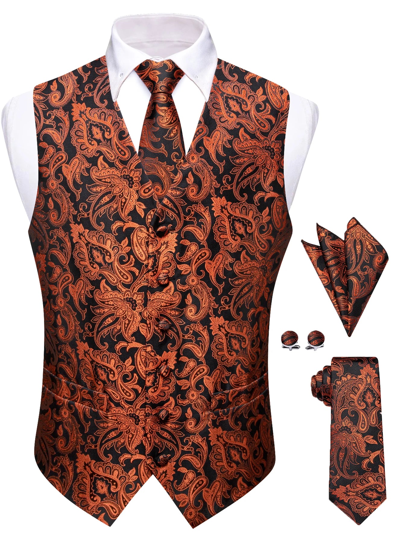 Mens Royal Blue Red Bronwn Orange Vest Tie Hanky Cufflinks Paisley Qme MJTZ9085 L