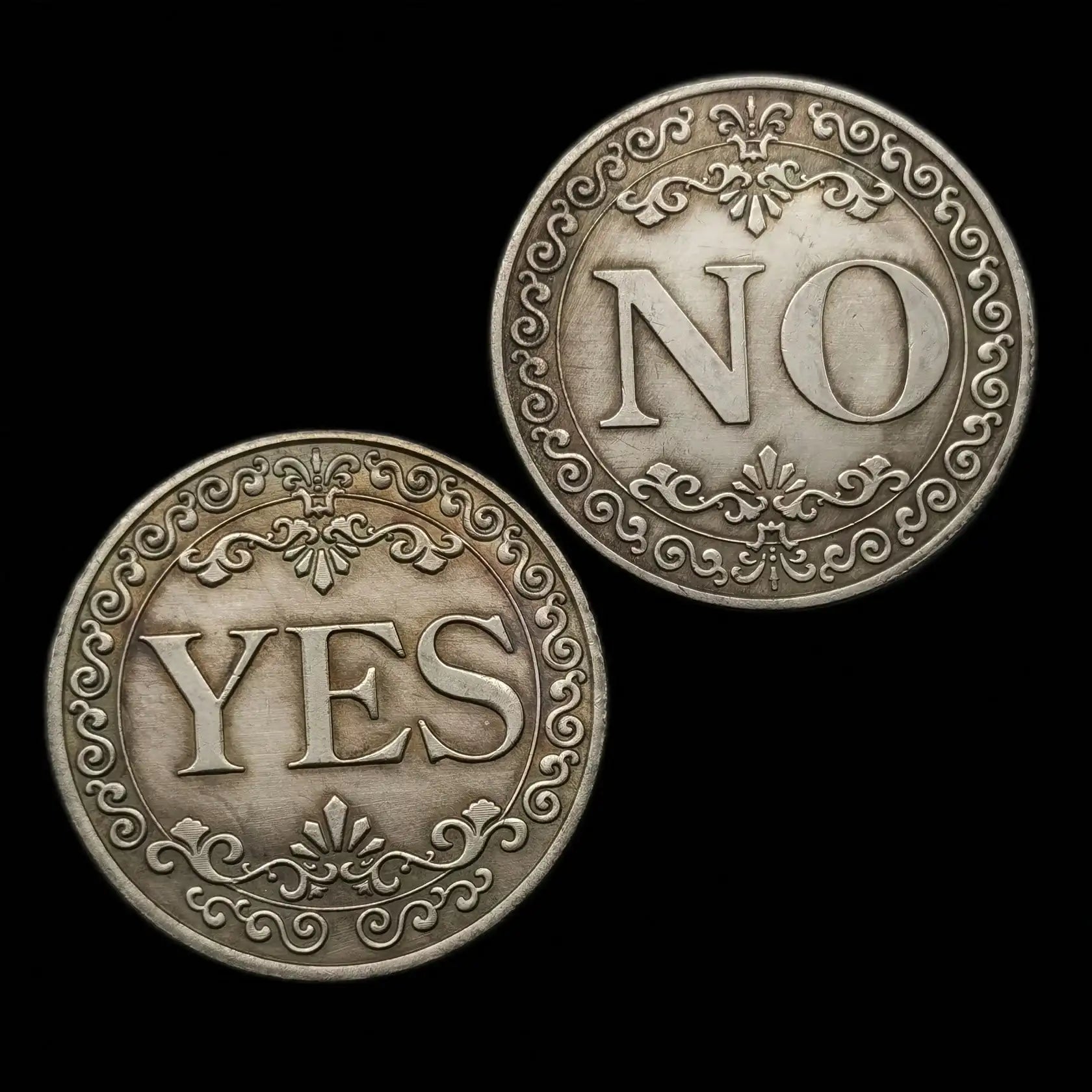 Decision Lucky Coin Double Sided Yes No Antique Silver Gray Qme