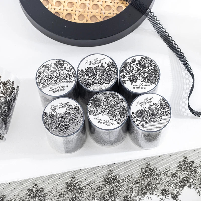55mm*2m Black White Lace PET Tapes DIY Scrapbooking Junk Journal Aesthetics Decor Diary Collage Masking Tape Stationery Supplies Qme