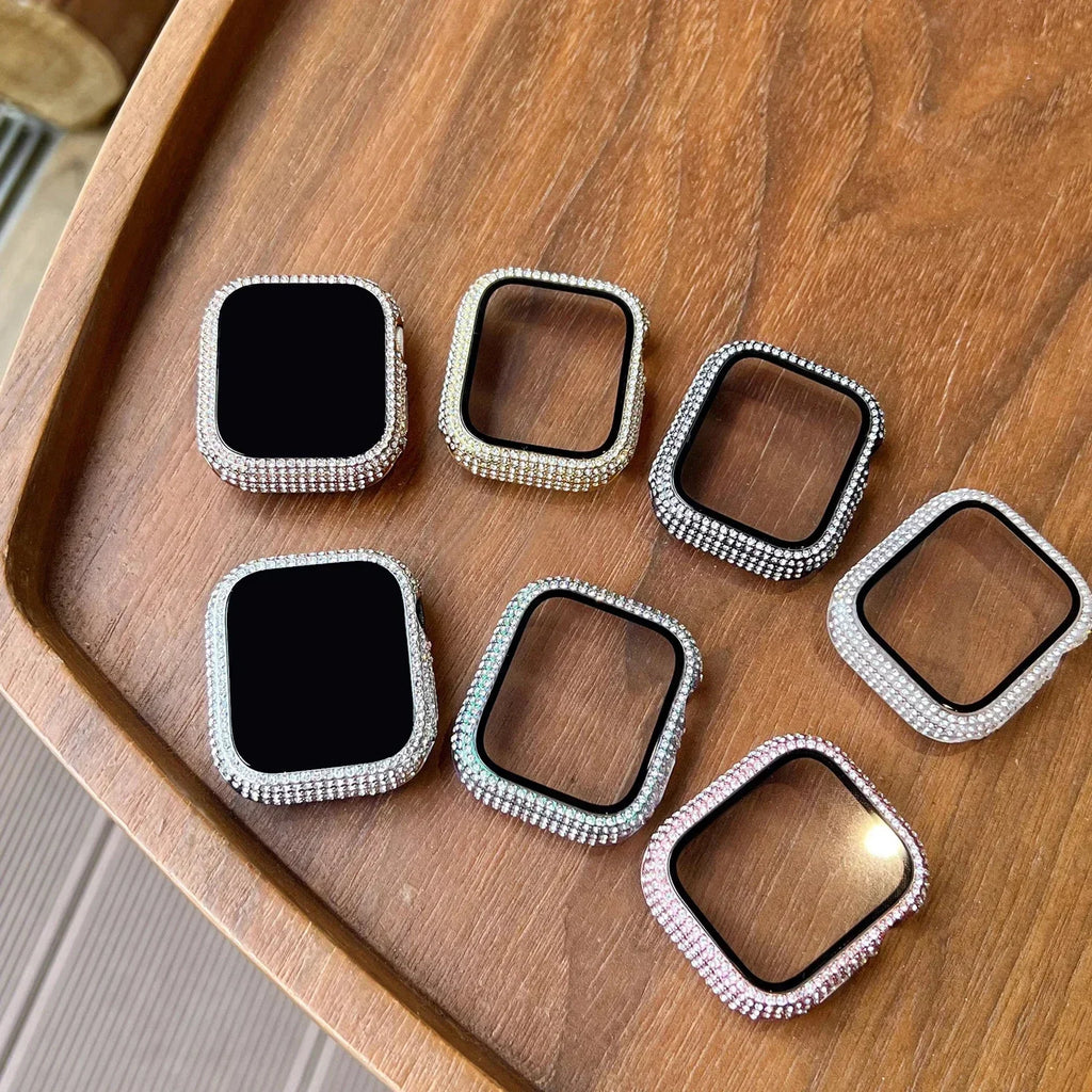 1pc Rhinestone Decor Tempered Glass Screen Protector Watch Case For Apple Watch 38/40/41/42/44/45Mm,Series SE/9/8/7/6/5/4/3/2/1 Qme