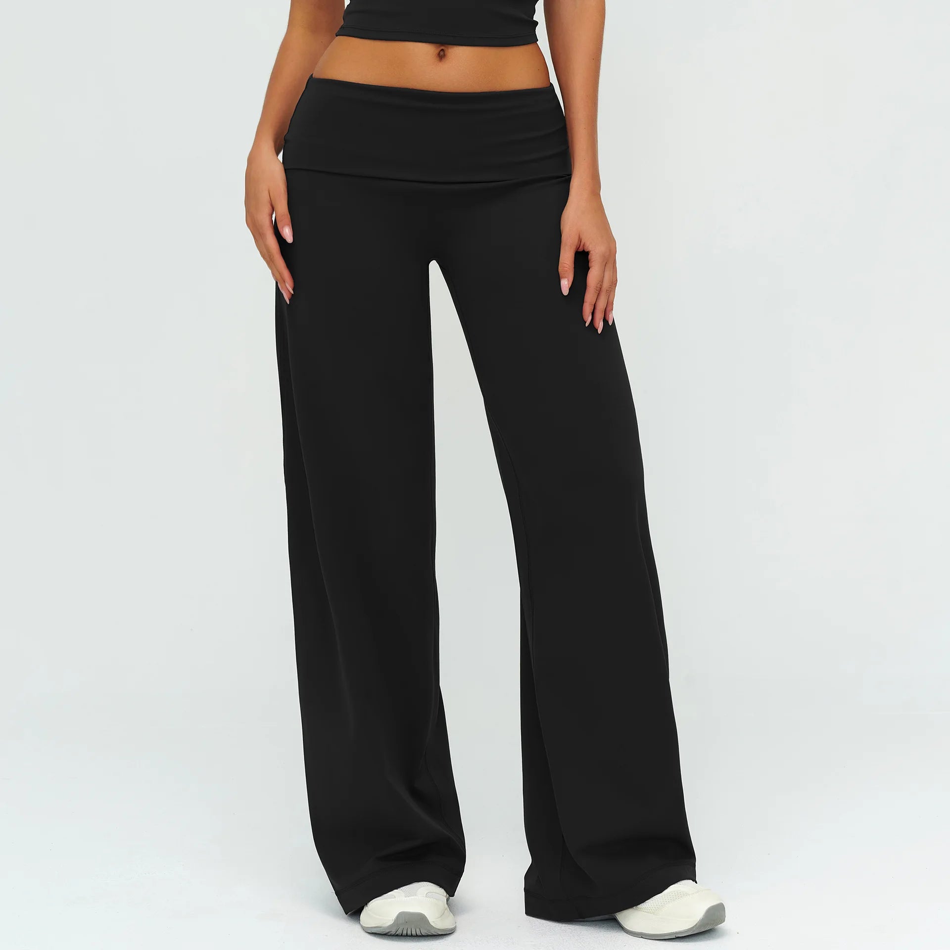A Gym Pilates Running Workout Pants Women Low Waist Straight Leg Trousers with Fold Waist Nude Feeling Soft Yoga Underwear Qme Advanced Black XL