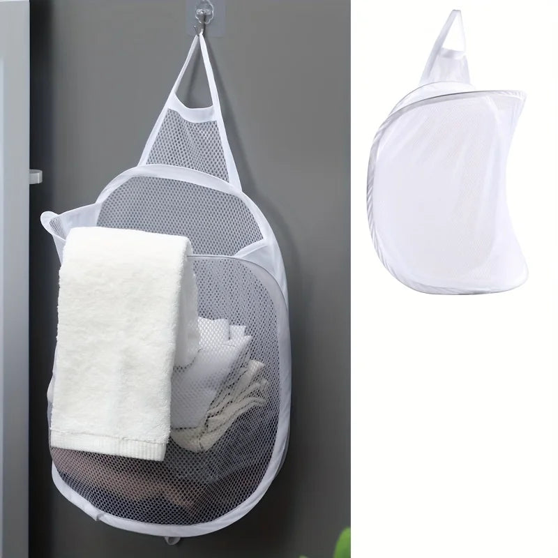 1pc Foldable Laundry Basket, Bathroom Clothes Storage Hanging Bag, Household Wall Mounted Dirty Clothes Basket, Laundry Hampers Qme White