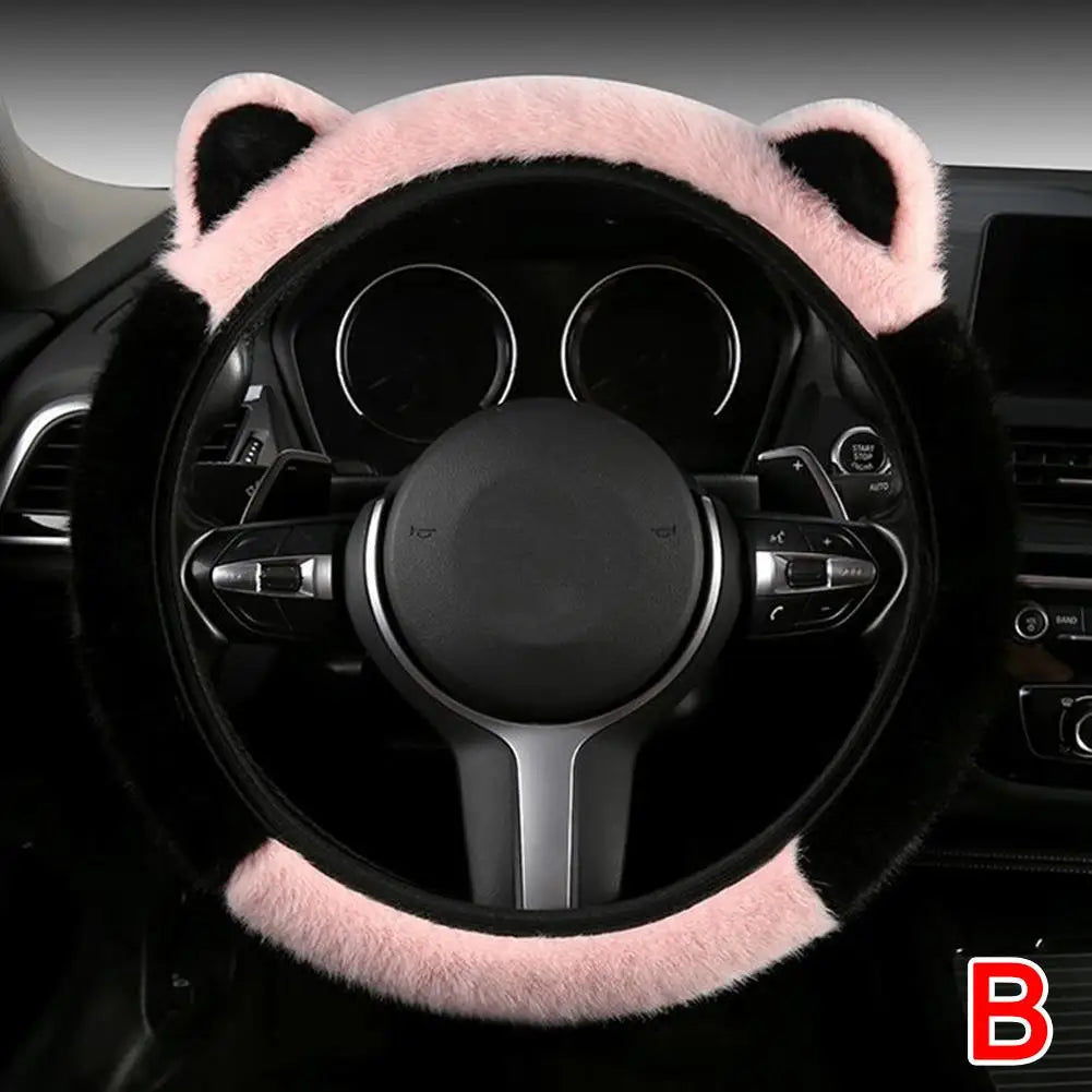 CAR Winter Plush Car Steering Wheel Protective Cover Universal Non-slip Soft Cute Cat Ears Plush Steering Wheel Cover Qme B