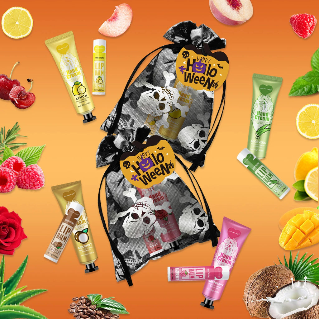 12 Halloween gift sets/box, lip balm set, hand cream set, Easter, skull mesh bag and pumpkin card, Trick or treat Qme