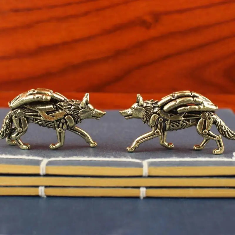 Pure Brass Wolf Statue Desktop Ornament Tea Set, Vintage Bronze Animal Figurine Miniature Decoration Qme