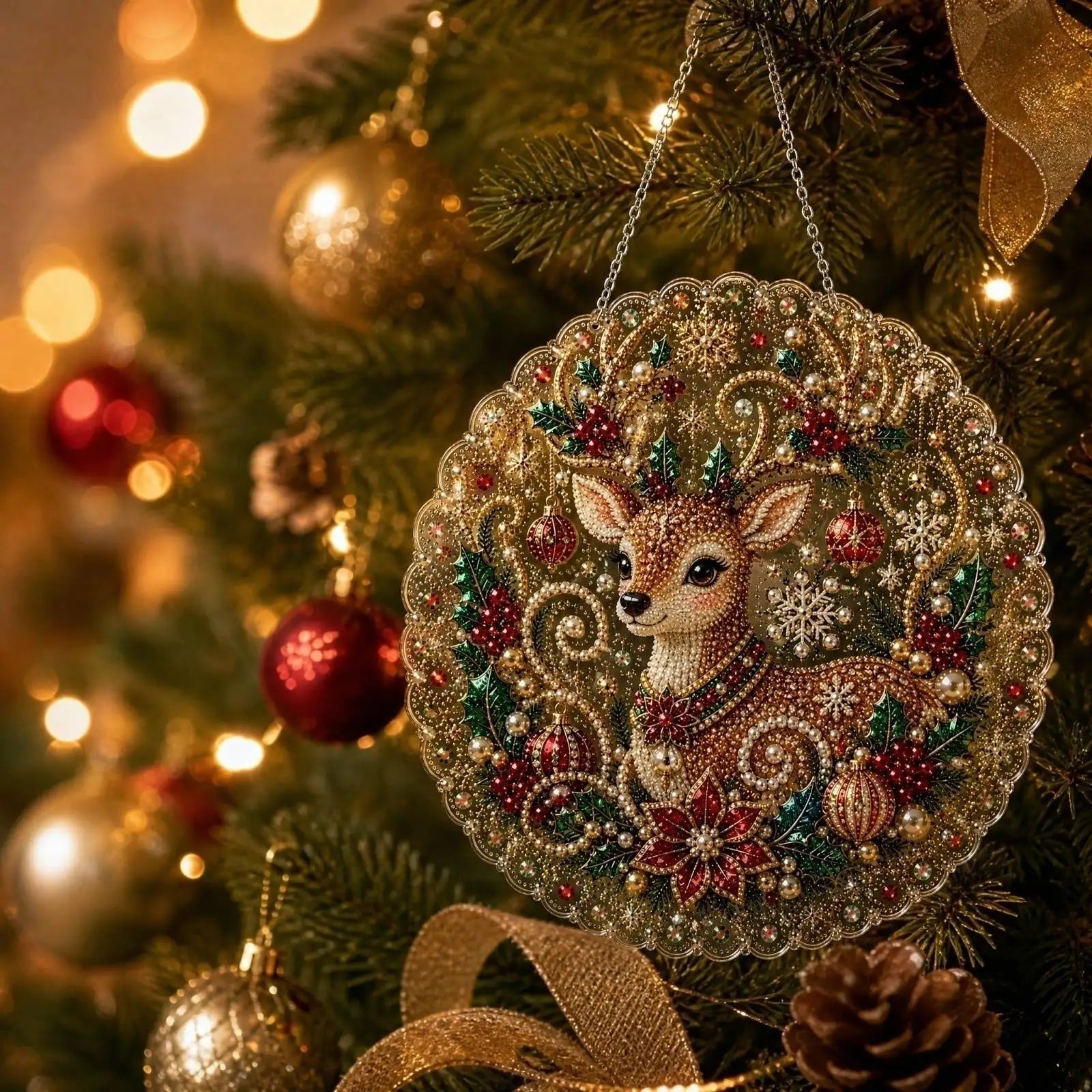 Christmas Scene Pearl and Diamond Hanging Handmade Material Kit DIY Set for Holiday Home Store Decor Creative Gift Qme