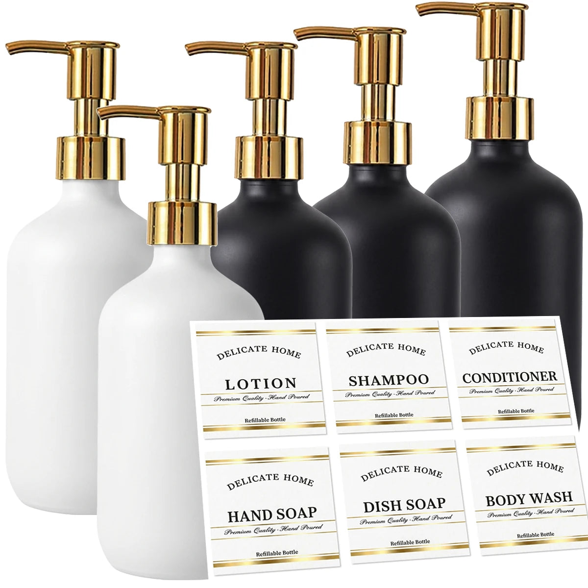 Set of 5 Refillable Shampoo Bottles 500ml Black White Plastic Shower Dispensers for Conditioner Body Wash Lotion Hand Soap Qme A