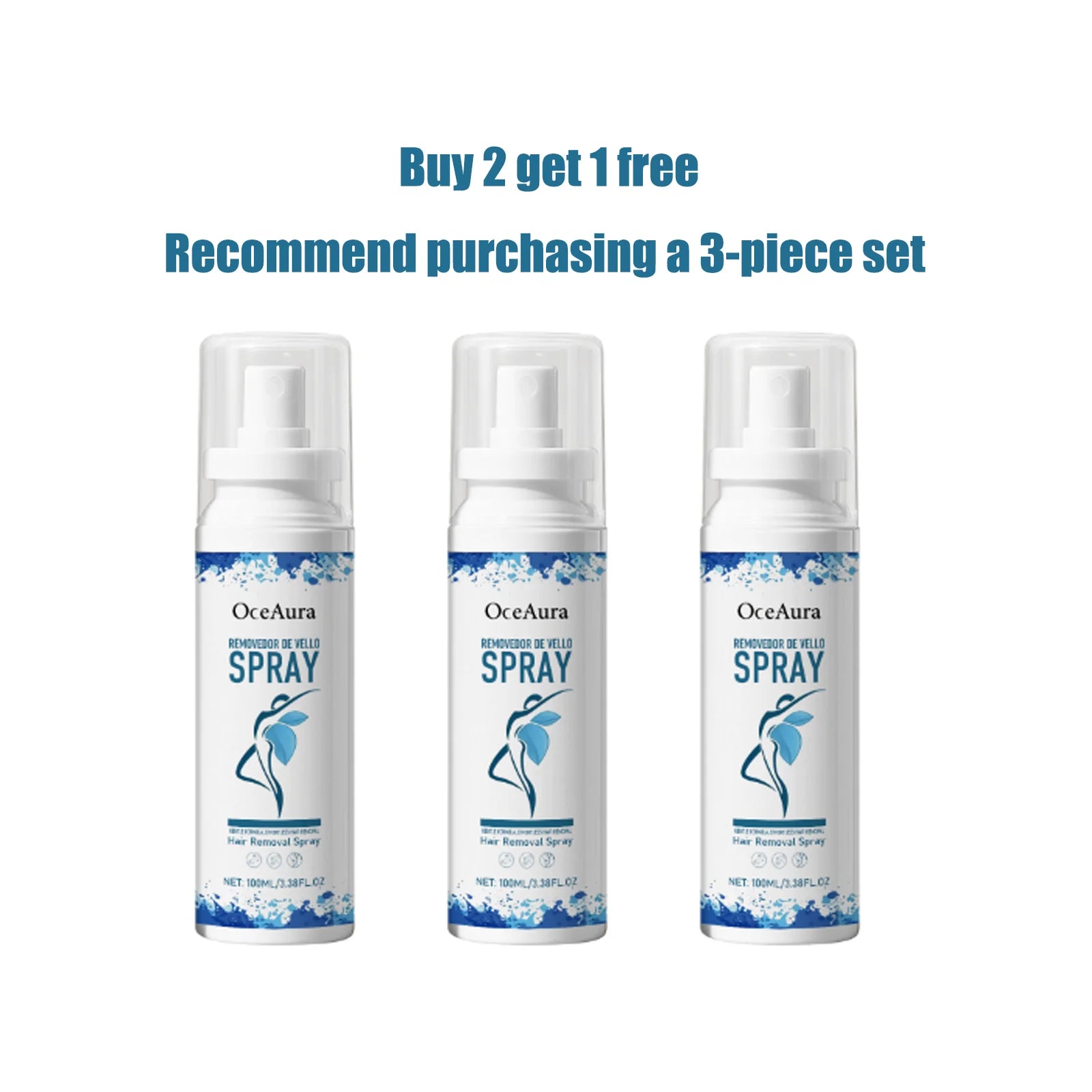 Oceaura Hair Removal Spray Painless Hair Depilatory Non-irritating Smoothing Skin Protecting Moisturizing Hair Growth Inhibitor Qme 100ml x3