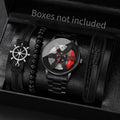 4pcs/set luxury men's watches fashion 3d wheel car male sports watch stainless steel quartz watch for men's bracelets Qme black