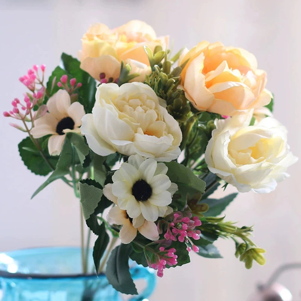 Peony Flowers Silk Artificial Bouquet Babybreaths Accessories Fake Daisy Flowers Wedding Home Decor Room Decoration Party Qme Yellow
