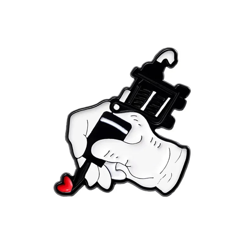 Creative Tattoo Gun Machine Red Heart Brooch Enamel Pin Funny Decorative Brooches Lapel Badges Jewelry Accessories Wholesale Qme style 1
