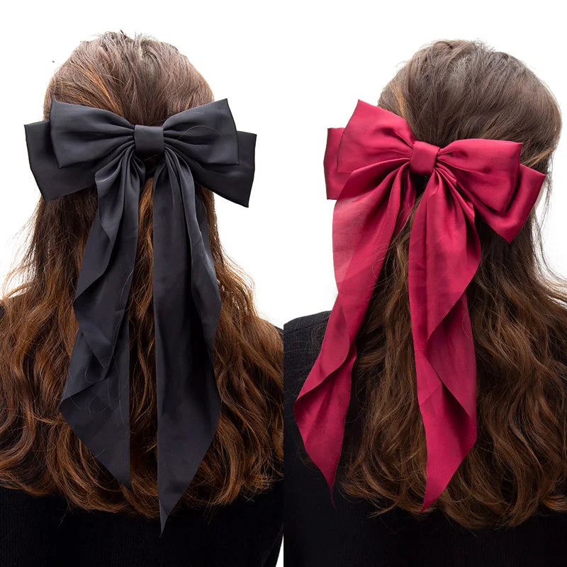 Elegant Bow Ribbon Hair Clip for Women Fashion Solid Satin Black Clip Simple Hairpin Headband with Clips Girls Hair Accessories Qme