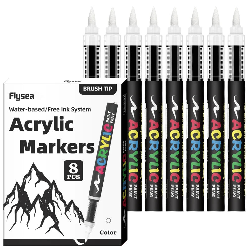 8Pcs Black/White Colors Acrylic Paint Pens Markers Brush Tip Paint Markers for Rock Painting Wood Stone Glass Gift DIY Crafts Qme 8 white