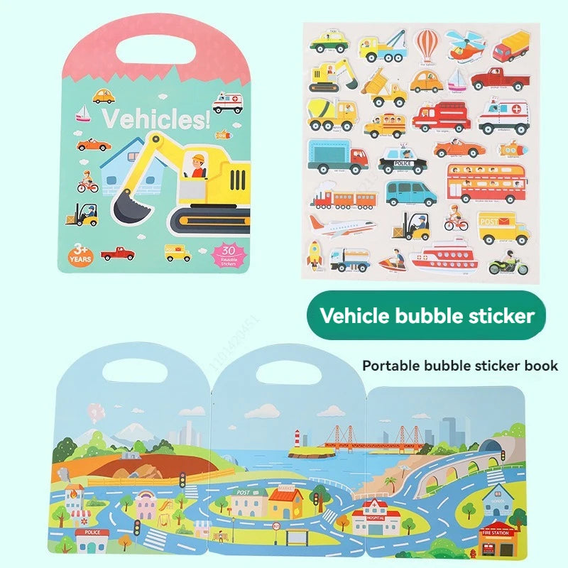 Reusable Sticker Book for Kids Vehicles Stickers Educational Learning Travel Stickers Activity Books for Toddler Girls Boy Qme Vehicle