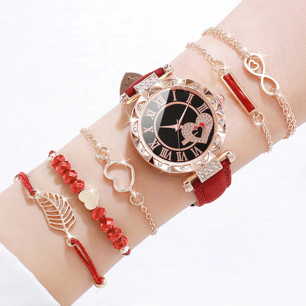 6 Pçs/set Relógio Feminino Moda Roma Coração Dial Pulseira de Couro Relógios de Quartzo Conjunto de Pulseiras de Folha Qme
