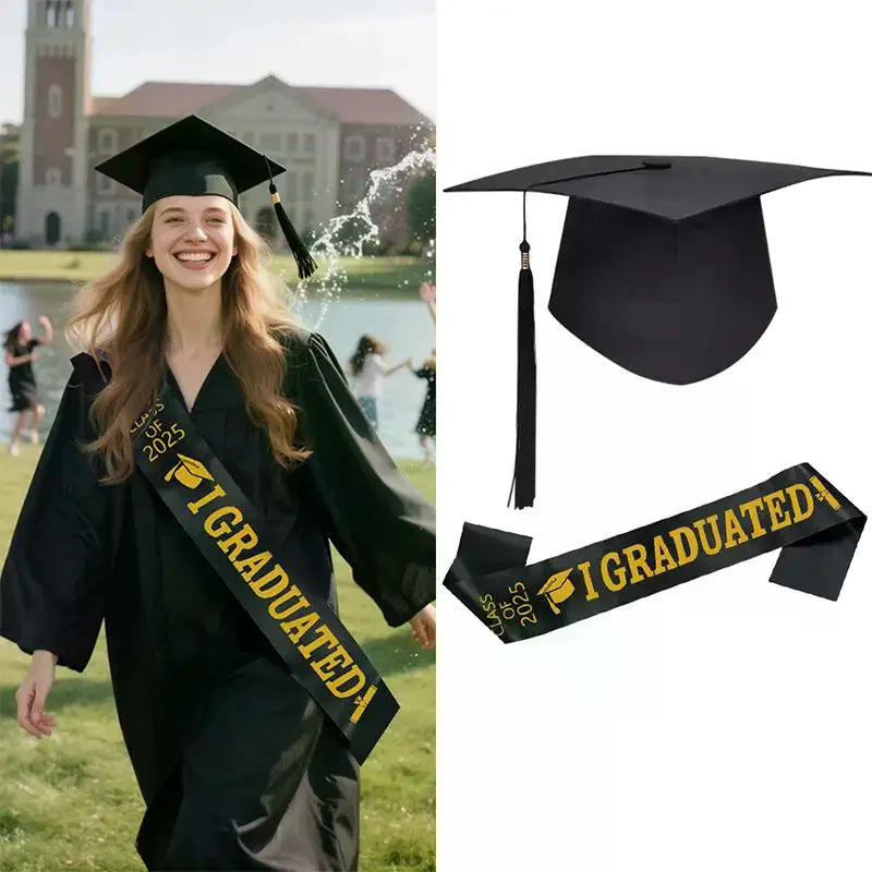 Class Of 2026 Black Golden Satin Sash Bachelor Cap With Tassel Graduation Shoulder Strap Congrats Grad Party Photo Props Qme