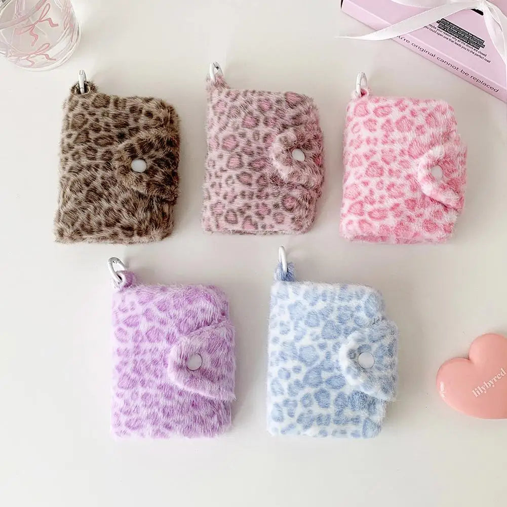 Leopard Print Coin Purse Plush Snap Closure Mini Wallet for Girls Portable ID Card Holder Coin Bag Small Clutch Pocket Wallet Qme