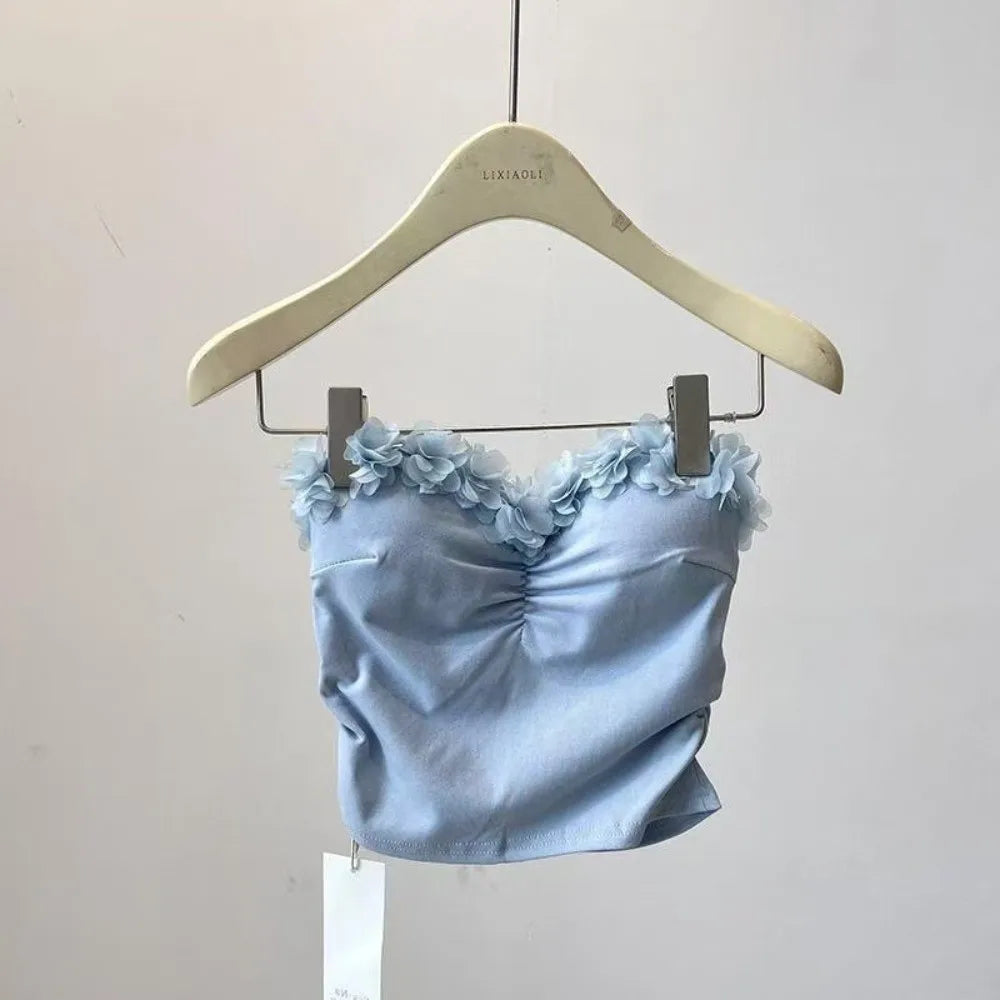 Socialite Style 3D Flower Camisole 3D Flower Decoration Slim Fit Tanks Suspender Vest Wrap The Chest Sleeveless Qme Blue One Size