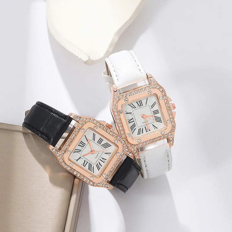 2pcs/set Luxury Women's Watch Set Analog PU Leather Wrist Watch Fashion Luxury Elegant Alloy Wristwatch Couple Watch Qme