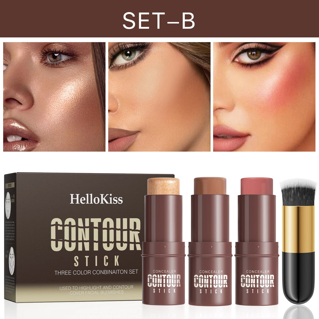 4-Piece Contour Stick Set with Highlighter, Blush & Bronzer Plus Golden Powder Brush - Waterproof Cream for All Tones, Shimmery. Qme 9517B-020