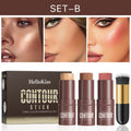 4-Piece Contour Stick Set with Highlighter, Blush & Bronzer Plus Golden Powder Brush - Waterproof Cream for All Tones, Shimmery. Qme 9517B-020