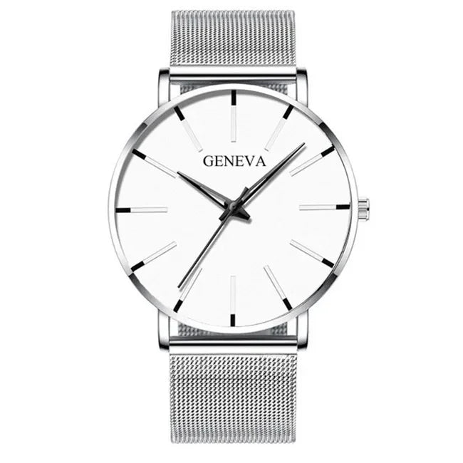Men's Watch Blue Needle Mesh Strap Watch Geneva Fashion Business Men's Watch Watch Qme Silver