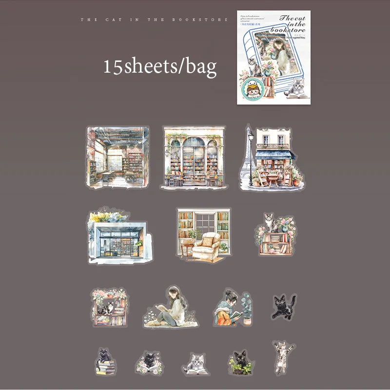 Sticker Pack 15 Sheets/Bag Bookstore Reading Cat Scrapbook Stationery DIY Journal Phone Case Notebook Decoration Qme 5