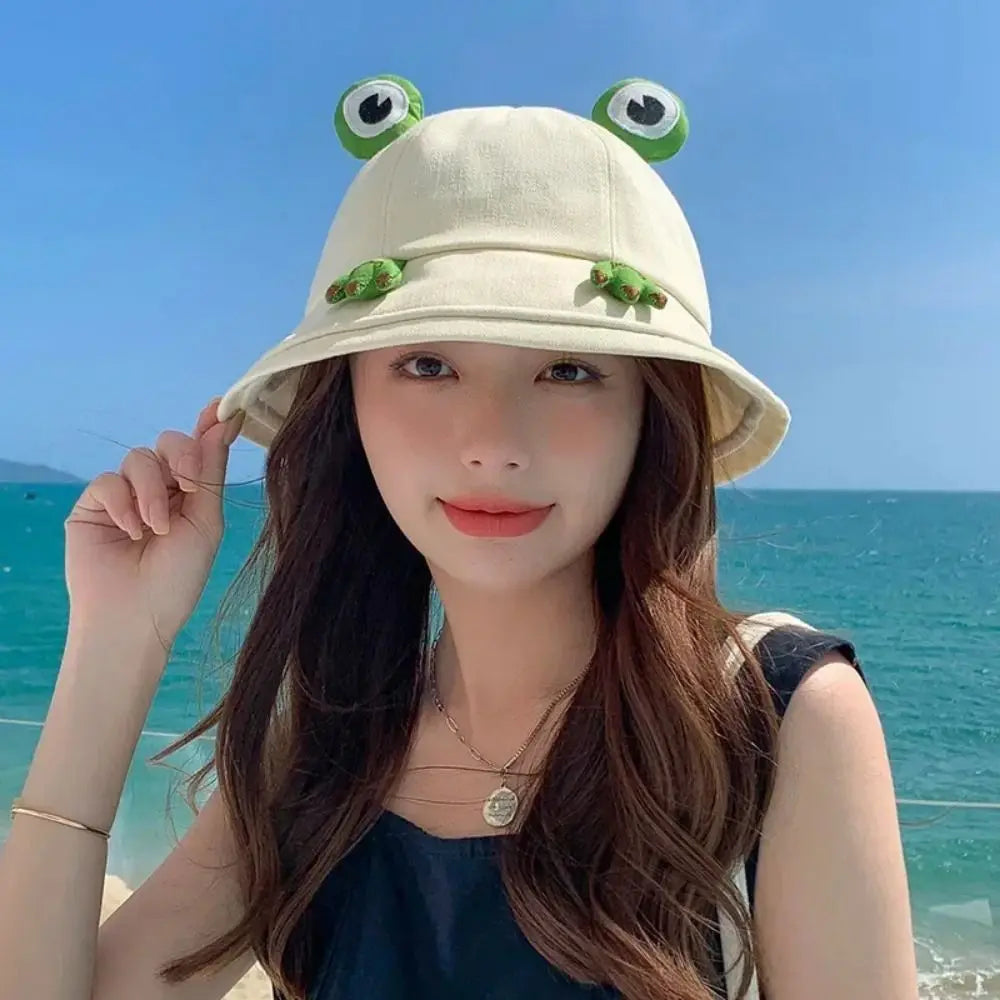 Cute Big Brim Frog Fisherman Hat Sun Protection Breathable Women Qme