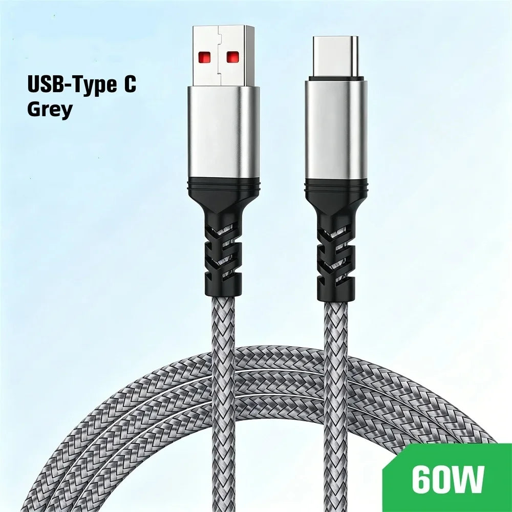 PD 60W Type-C to C Fast Charging Extension Data Cable Nylon Braided PD Data Cord For iPhone 17 15 Xiaomi Samsung 1M 2M 3M 5M 8M Qme Grey USB to Type-C 3 meter