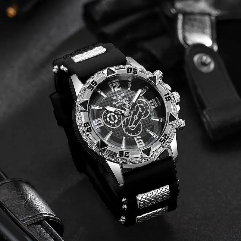 Três Eye Mixed Bar Scale Dial, refinado Silicone Quartz Watch, negócio elegante Qme