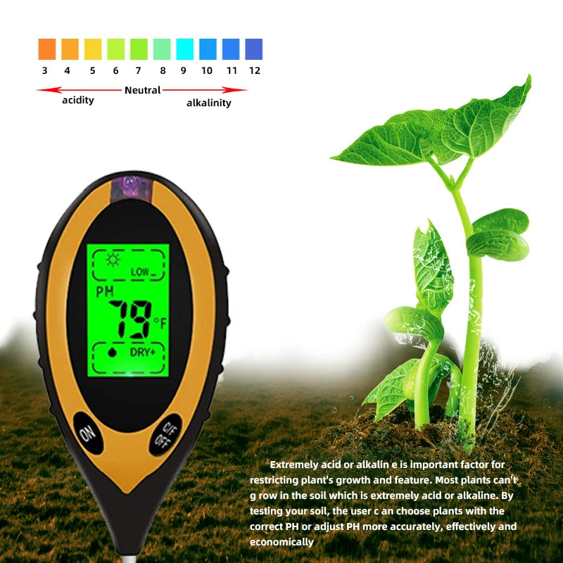 Soil PH Meter Tester Moisture Temperature Sunlight Intensity Qme
