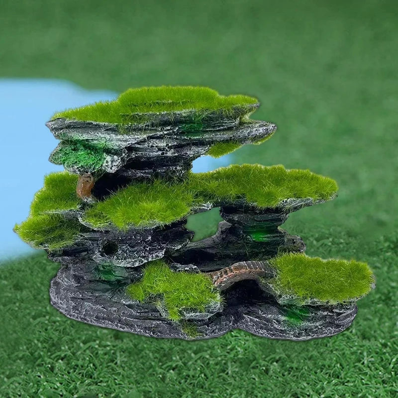 Aquarium Mountain View Stone Mossed Hideout Submersible Resin Qme