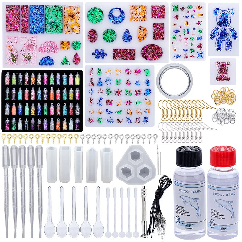 Epoxy Resin Silicone Molds Starter Kit All in One Office Home Decor Art Clear Craft Jewelry Making Kit for Keychain Necklace DIY Qme Kit 1
