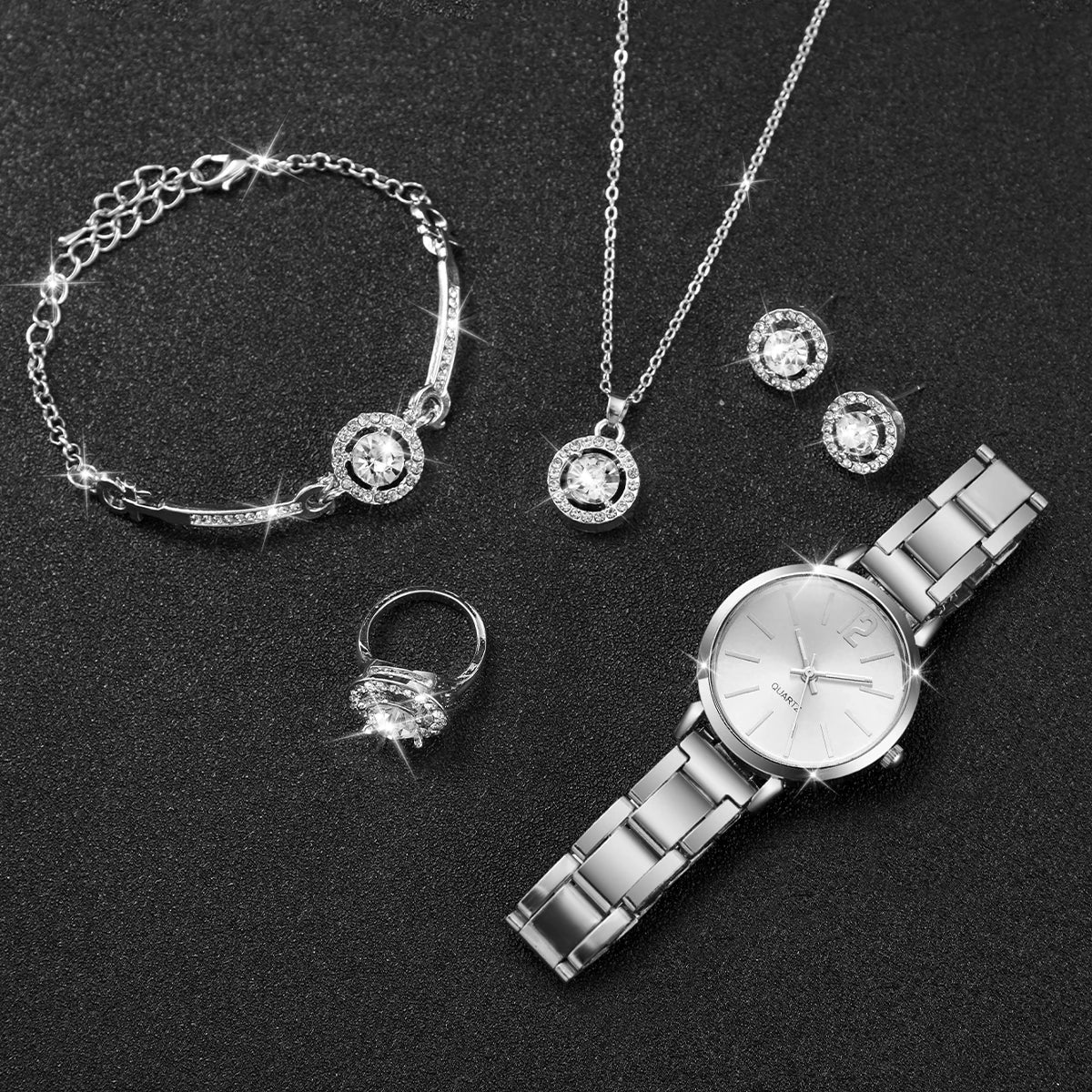 6 Pçs/set Mulheres Relógios Moda Banda de Aço Inoxidável Relógio de Quartzo Jóias de Diamante (Sem Caixa) Qme
