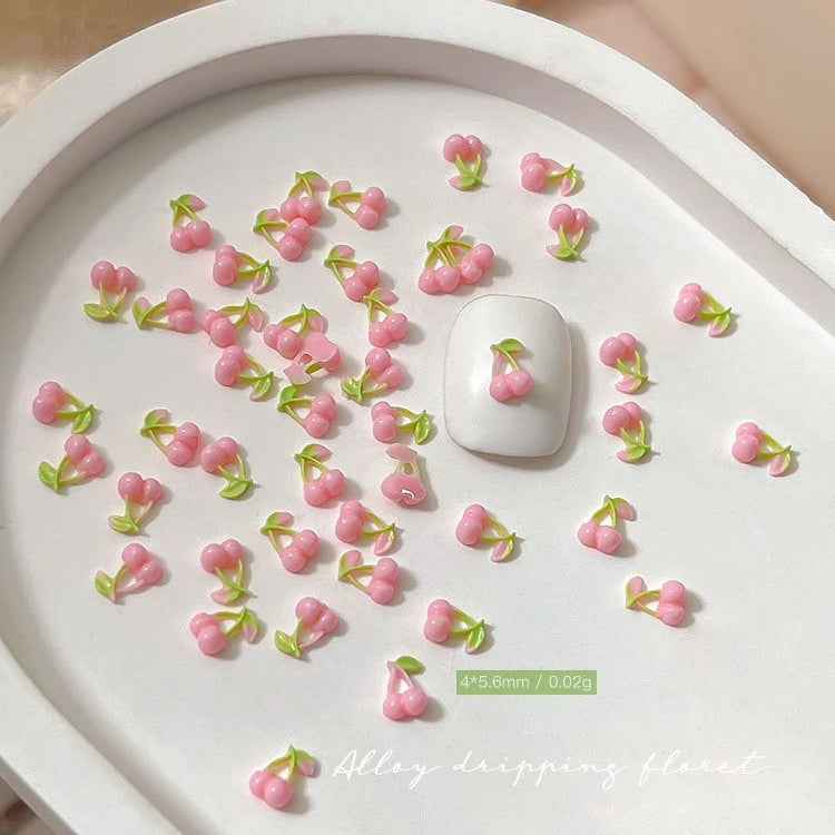 50pcs Pink Cherry Nail Charms, 3D Resin Cute Strawberry Fruit Nail Art Decorations, Flat Back Green Leaf Cherry DIY Manicure Qme 03 50pcs leaf-S