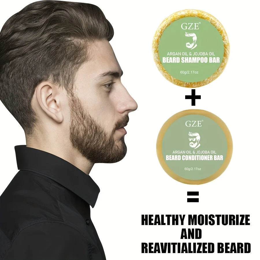 GZE Beard Wash & Conditioner Soap Set Argan & Jojoba Oils – Softens, Smooths & Strengthens Beard Growth Qme