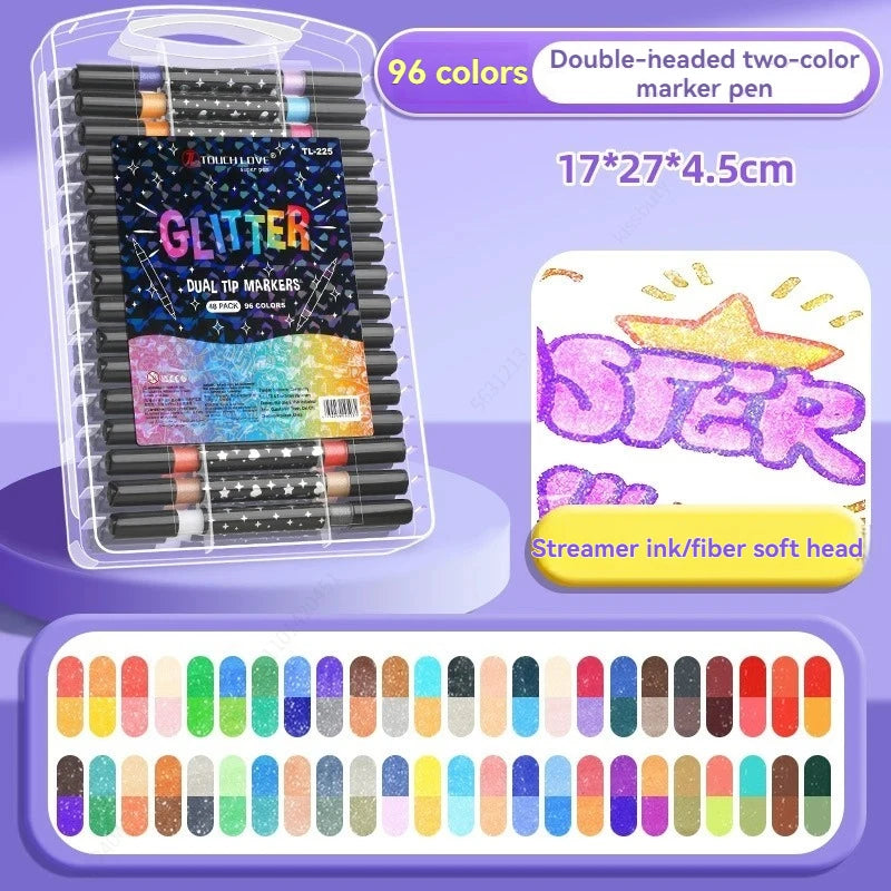 Glitter Double Tips Markers Pens, Shimmer Markers Glitter Writing Drawing Pens for Christmas Card Birthday Greeting DIY Art Qme 48 pieces-96 colors
