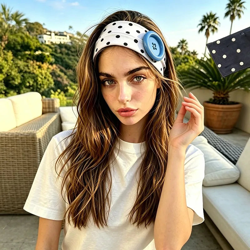 2026 Y2K Big Button Elastic Headband Sweet Cute Polka Dot Wide Yoga Hairband Dopamine Colorful Hair Accessories for Women Girls Qme