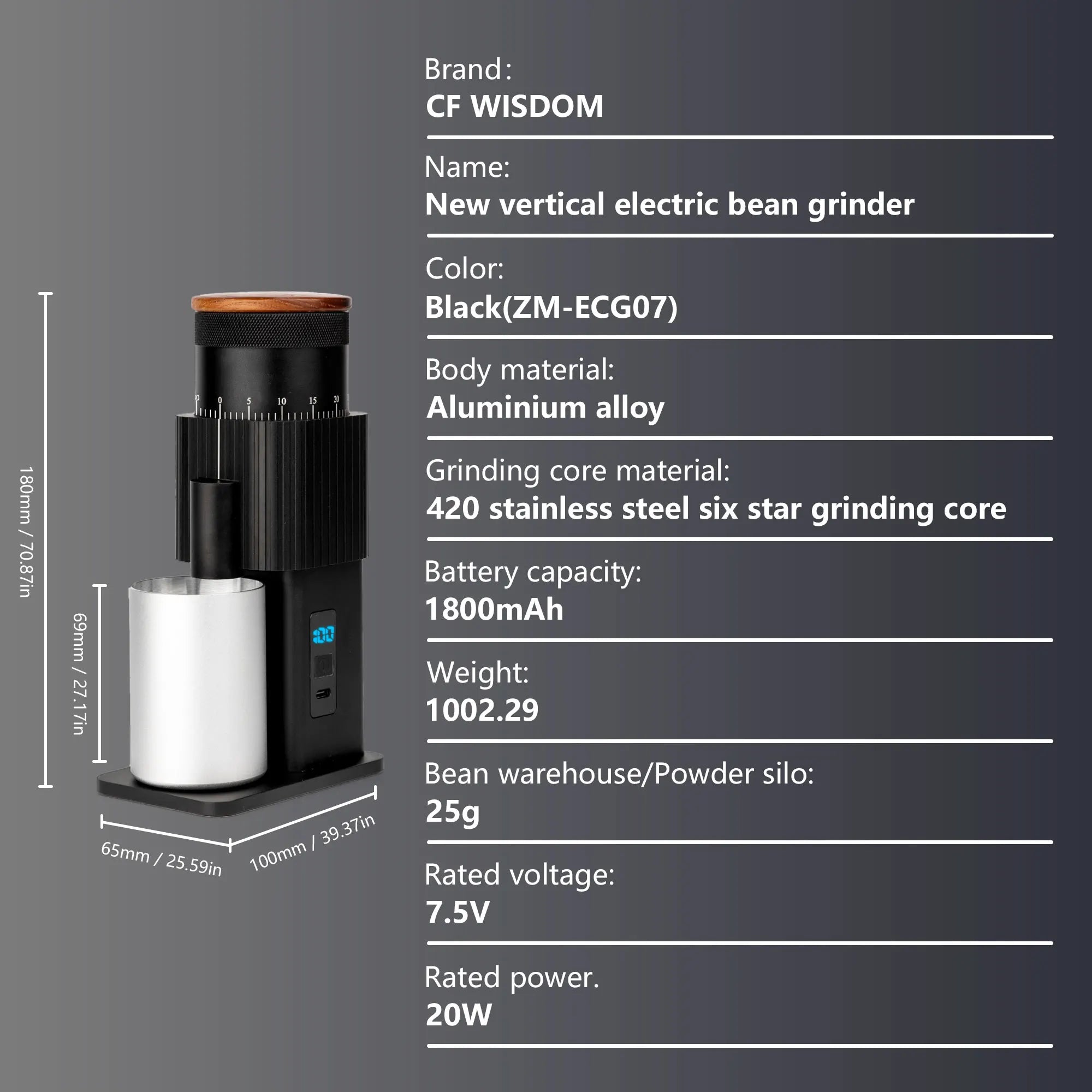 Portable Electric Coffee Grinder USB Rechargeable Bean Replaceable Qme ZM-ECG07