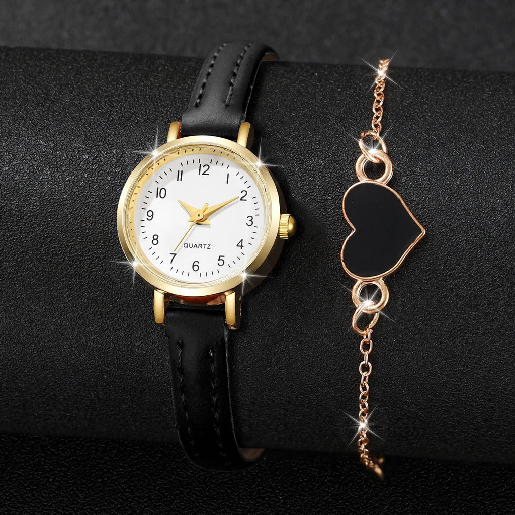 Hot Sale 2Pcs Gold Women's Watch & Bracelet Set, White Dial Watch with Black Strap + Black Heart Bracelet, Elegant Style Qme