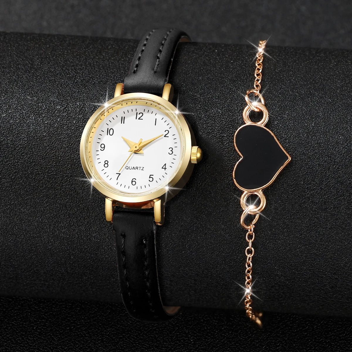 Hot Sale 2Pcs Gold Women's Watch & Bracelet Set, White Dial Watch with Black Strap + Black Heart Bracelet, Elegant Style Qme