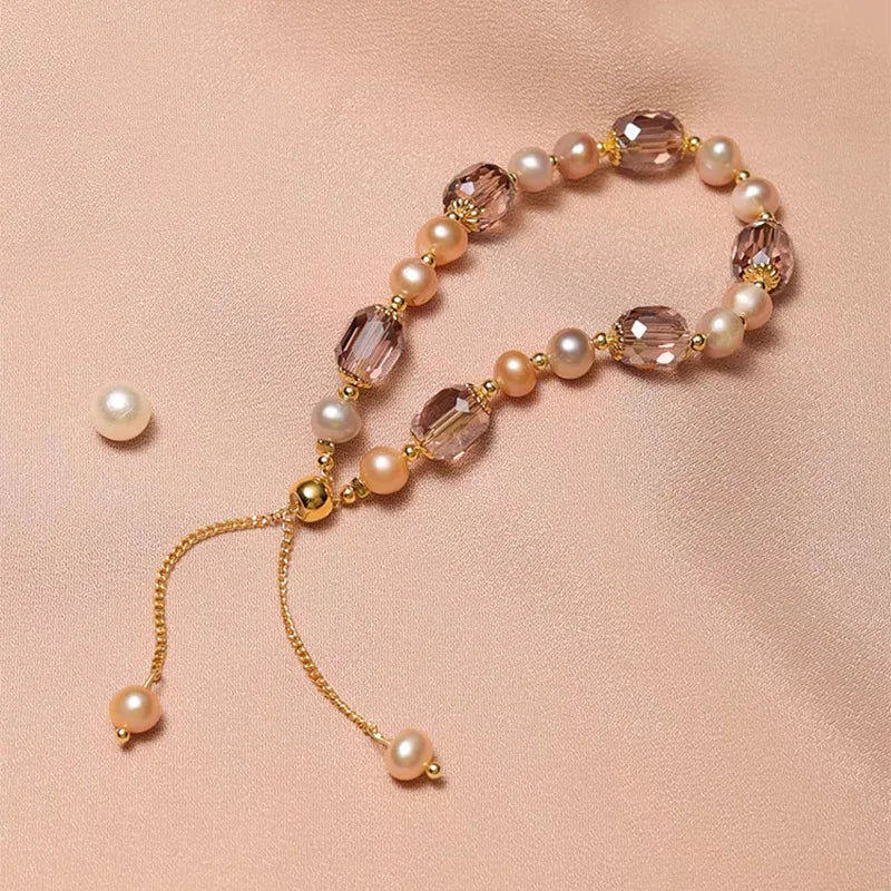 Elegant Pink Imitation Pearl Bracelets Exquisite Purple Crystal Beaded Adjustable Bracelets Bangle Female Wristband Accessories Qme