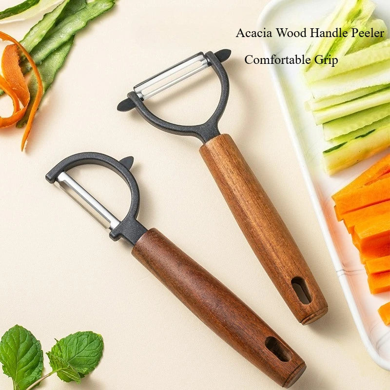 2-Piece Wooden Handle Stainless Steel Peeler,Straight & D-shaped Fruit Vegetable Melon Planer,Wooden Grip Peeling Kitchen Tool Qme