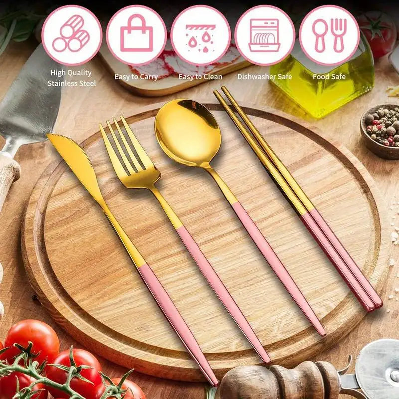 Stainless Steel Cutlery Set With Storage Box 4 Counts Portable Tableware Set For Home Kitchen Dining Room Household Tableware Qme