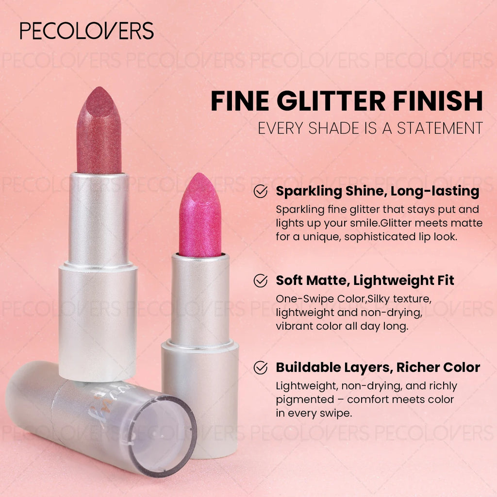 Elegant Glitter Lipstick Woman Shimmer Golden Pink Colors Tones Qme