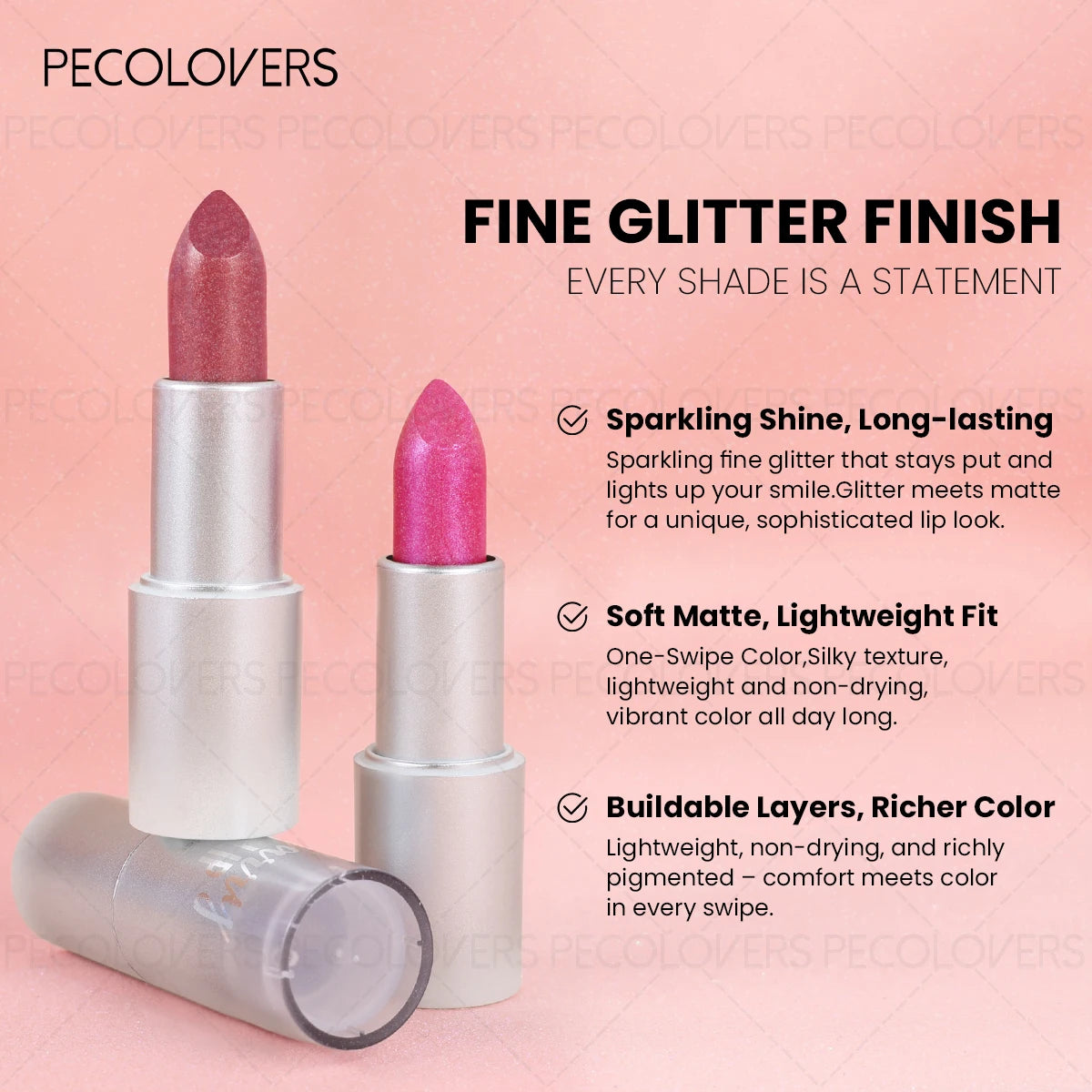 Elegant Glitter Lipstick Woman Shimmer Golden Pink Colors Tones Qme